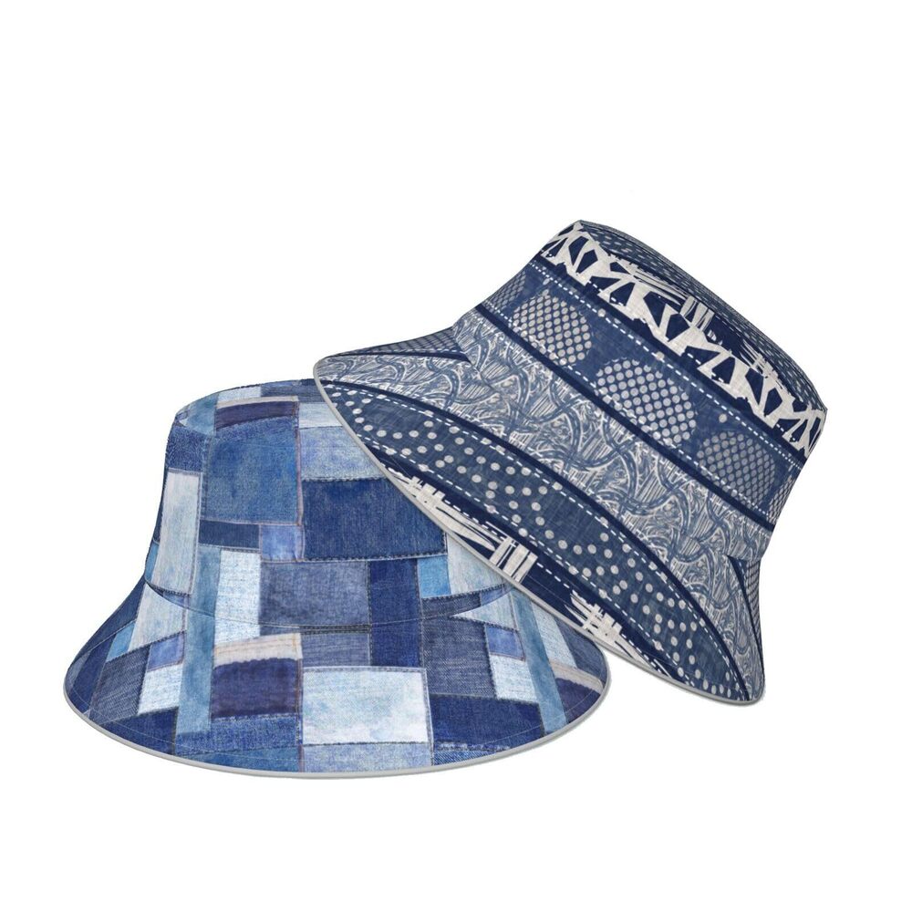 2219 Vintage Blue Denim Pattern Patchwork Cute Bucket Hat Beach Summer Sun